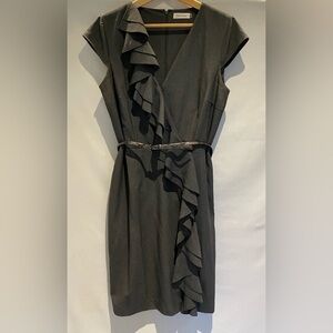 Calvin Klein gray sheath with ruffle and belt, size 12